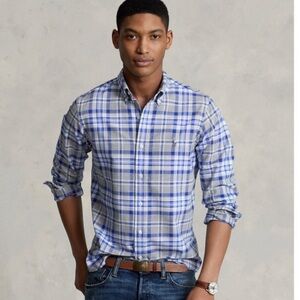 Ralph Lauren Linen Blend Blue Plaid Custom Fit Shirt Size XS